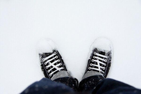 Men s sneakers , dusted with snow