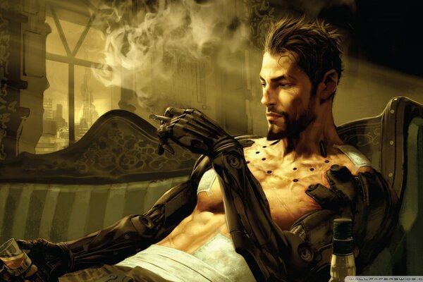 Cyberpunk Adam Jensen sul divano