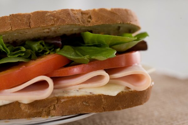 Panino appetitoso con lattuga, pomodoro e prosciutto