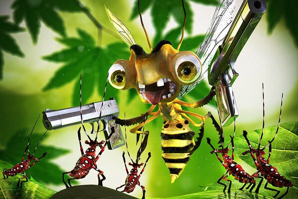 Пчела с пистолетами угрожает жукам