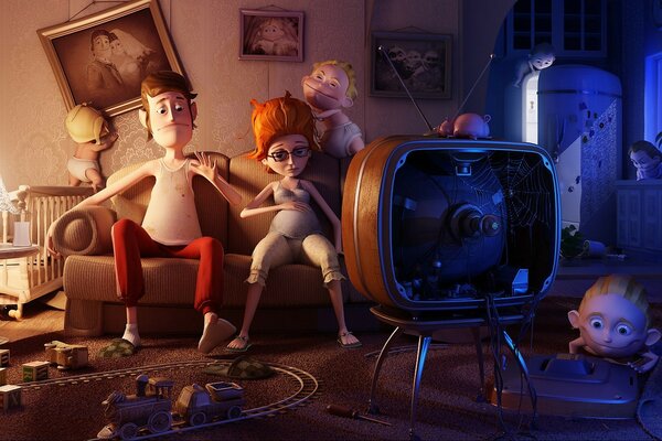 Cartoon family watching TV