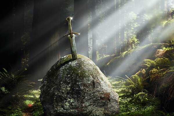Magic light falls on the stone with the sword excalibur