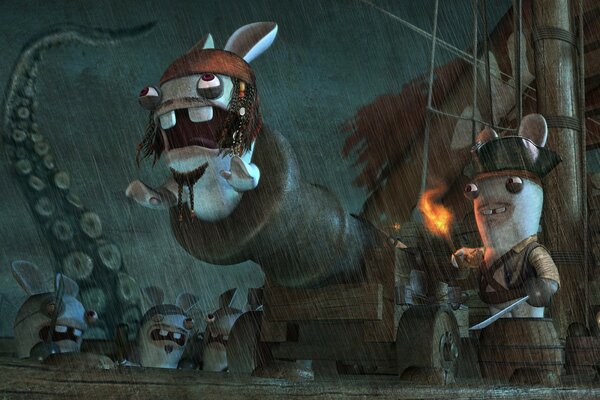 Lapins pirates dans la mer qui fait rage