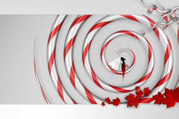 Spirale rouge et blanc avec feuilles et fille