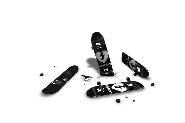 Broken wheels of black skateboards