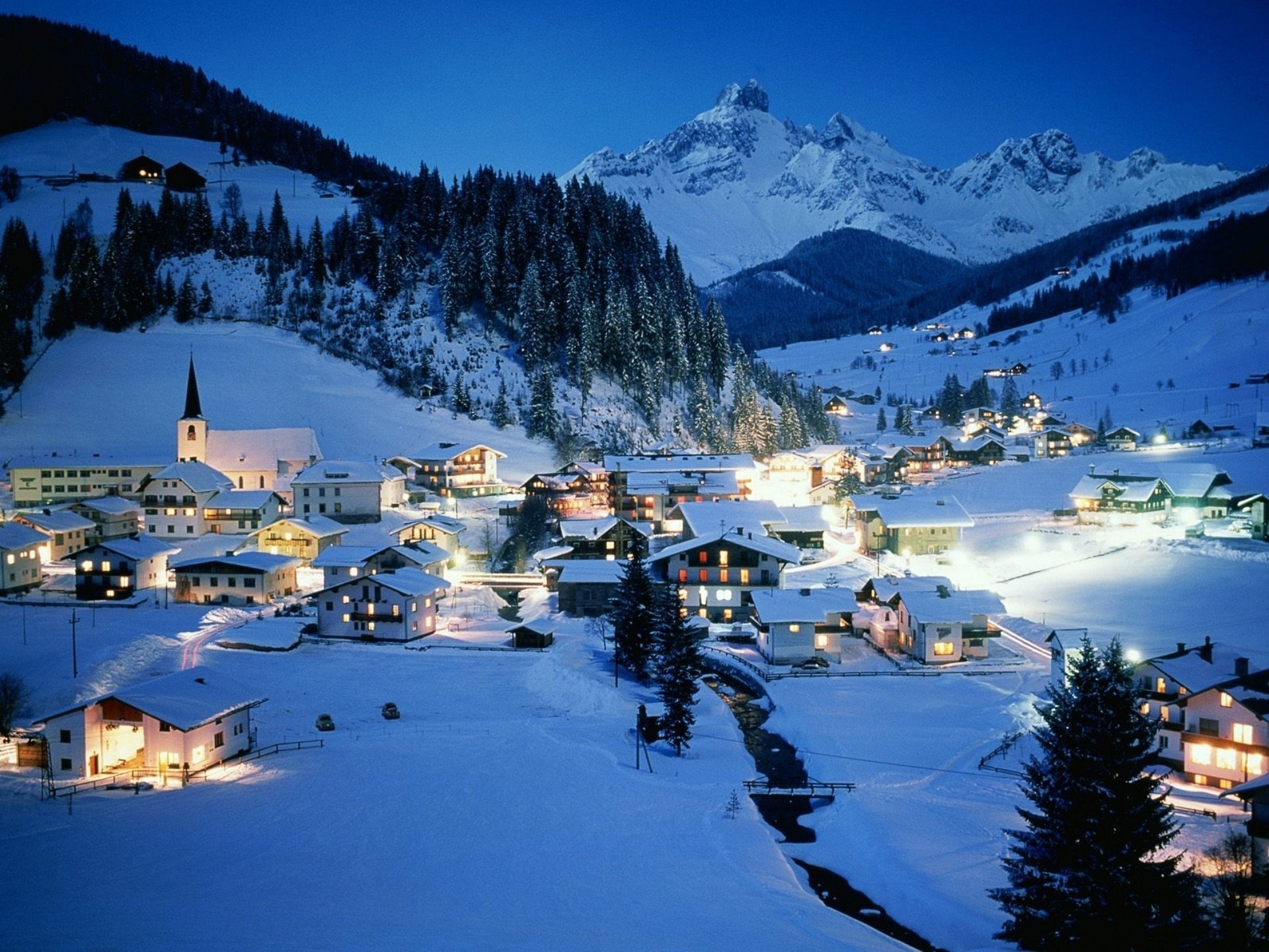 austria zima noc ośrodek austria