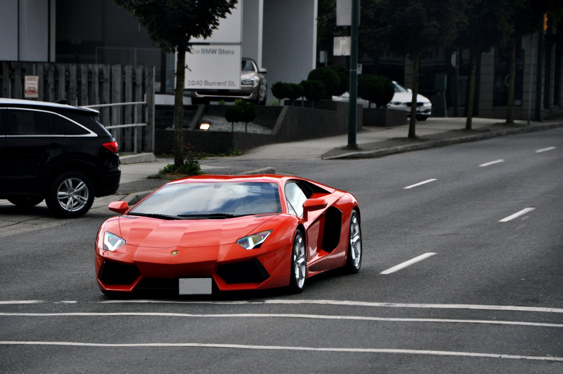 lamborghini aventador lp700-4 orange lamborghini aventador headlights road markings street trees car