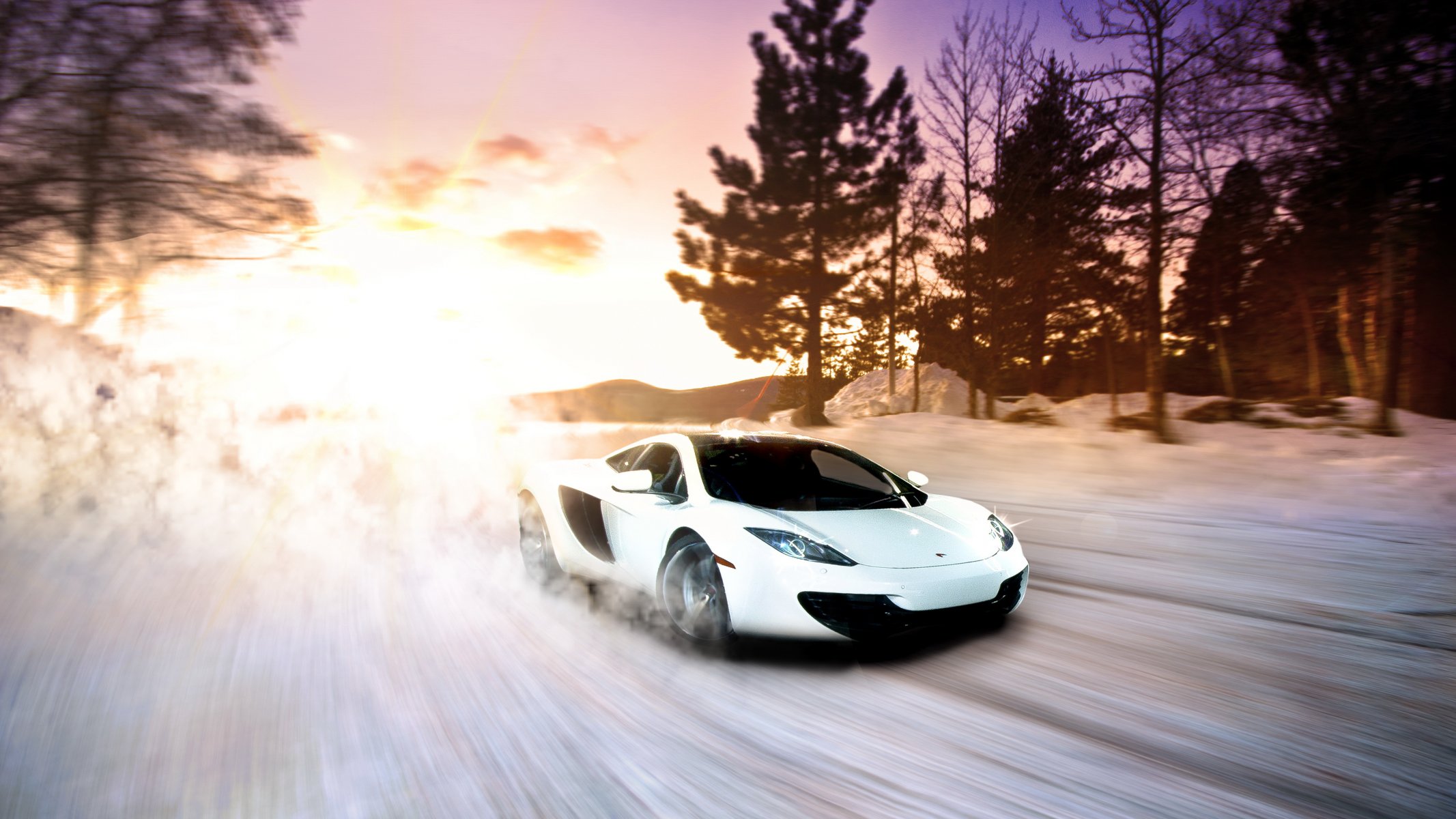 mclaren mp4-12c снег суперкар закат зимние белый экзотические спортивный быстро