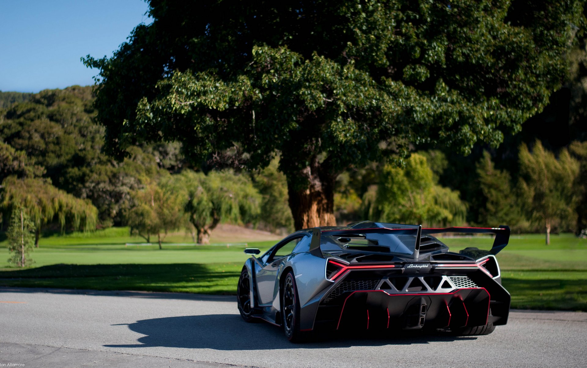 lamborghini veneno supersportwagen rückansicht natur