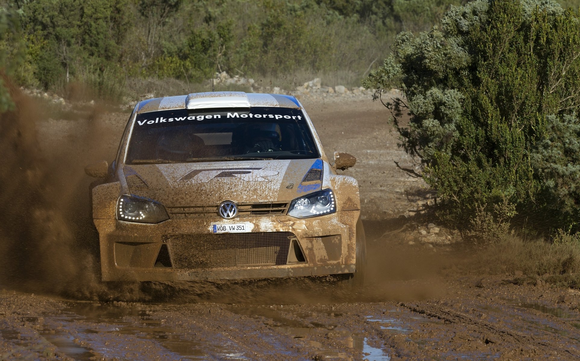 volkswagen polo wrc rally barro capó frente logotipo charco motorsport coche