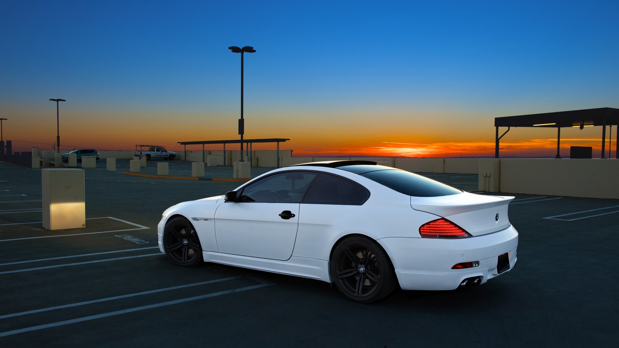 bmw m6 e63 white parking sunset bmw side view sky