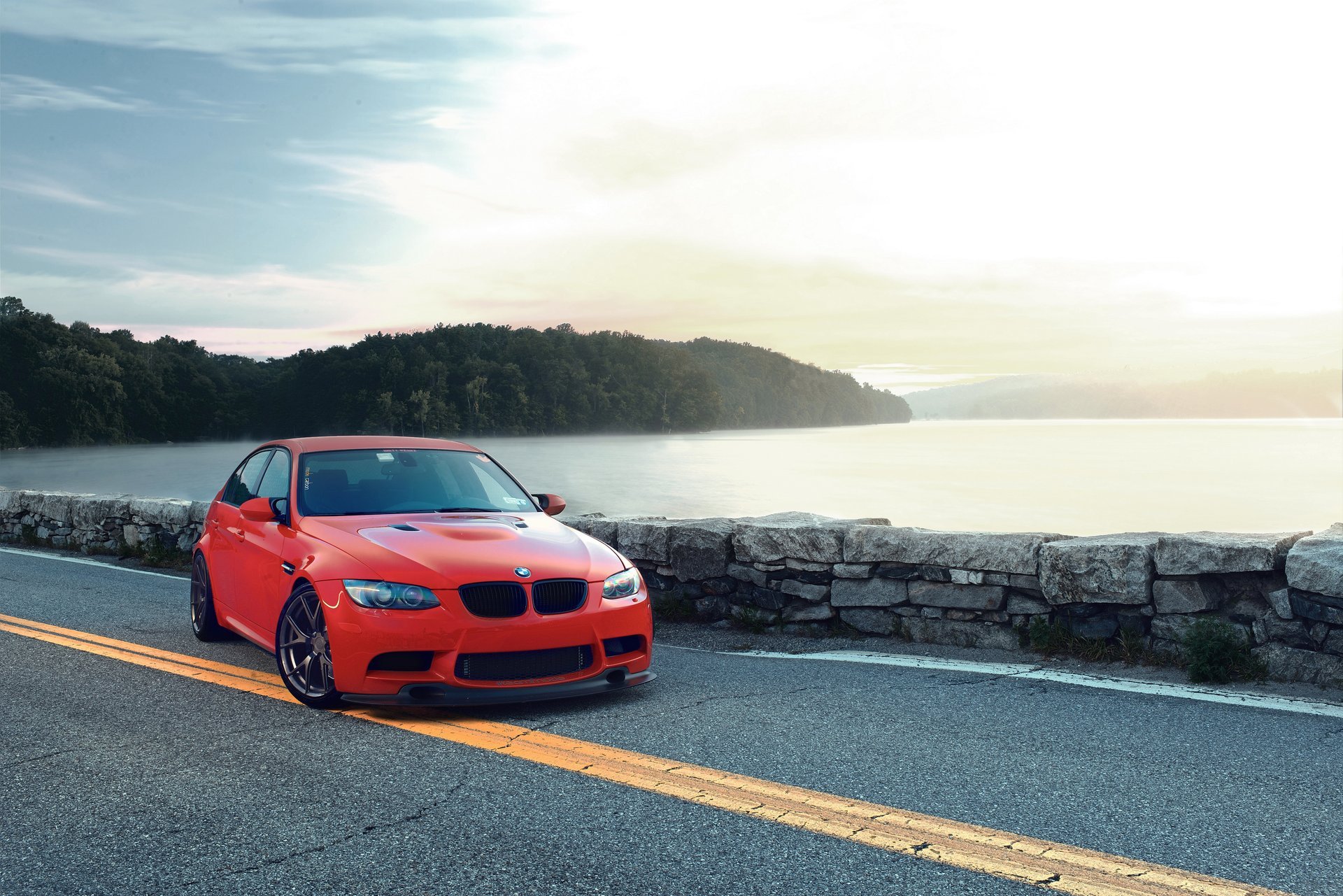 bmw m3 e90 red bmw red bridge sky clouds river sunset