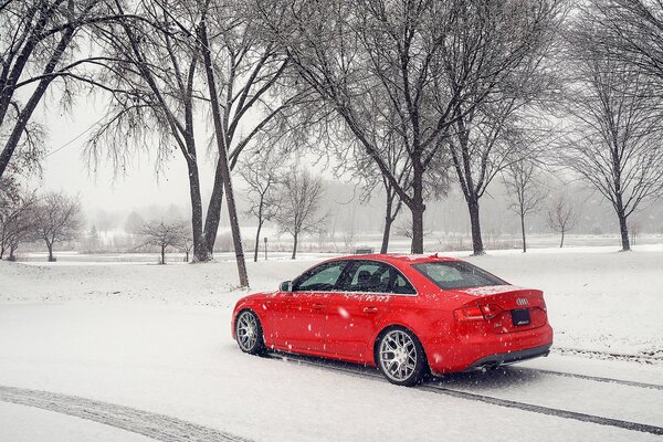 Winter beauty in which a red foreign car is drowning