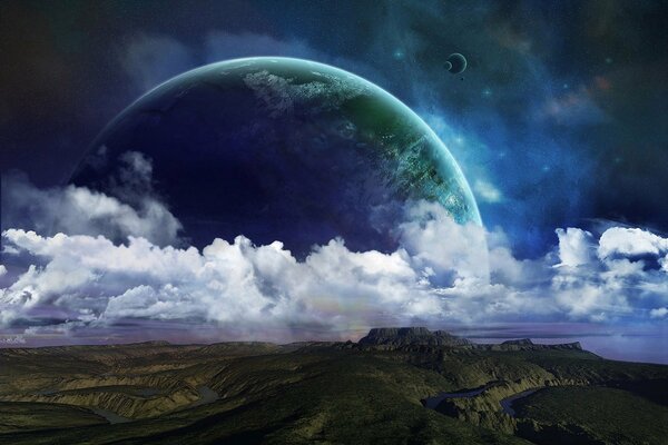 Fantastische Kunst. Die Oberfläche des Planeten und der Wolken. Planeten am Himmel
