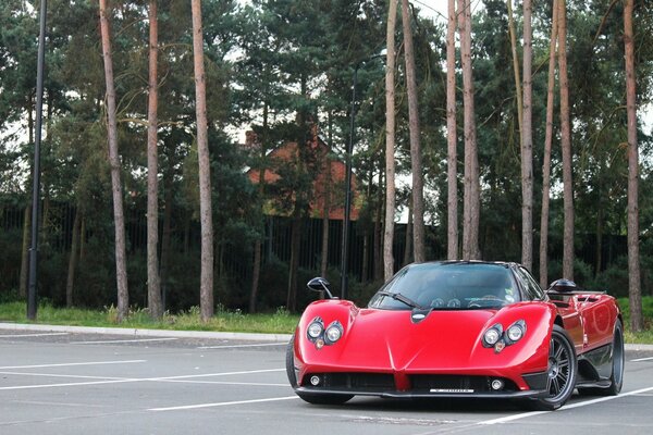 Sonda Pagani rojo en el Aparcamiento. Atrás los árboles