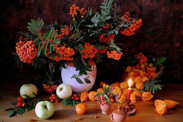 Nature morte sorbier physalis et pommes