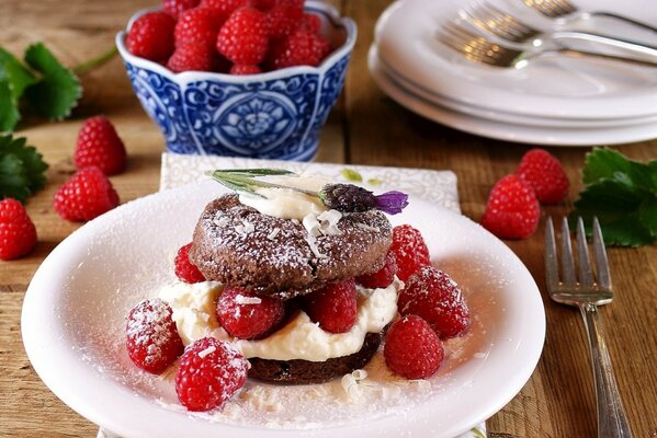 Raspberry cake on a white plate