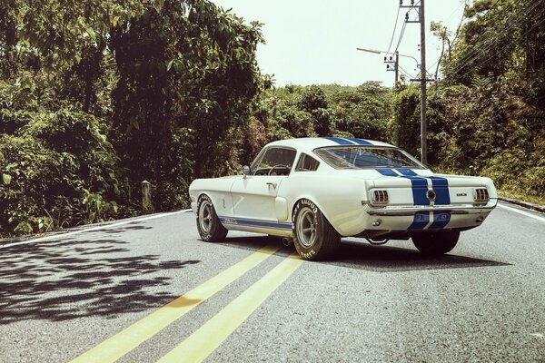 Retro racing car with blue stripes