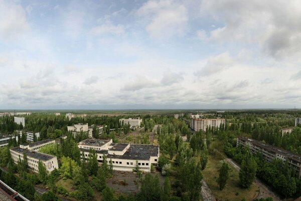 Припять крыш домов, дымного неба и крон деревьев