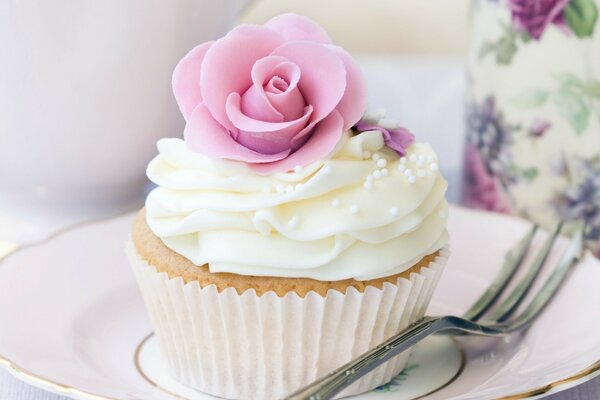 Weißer zarter Kuchen mit Rosette oben