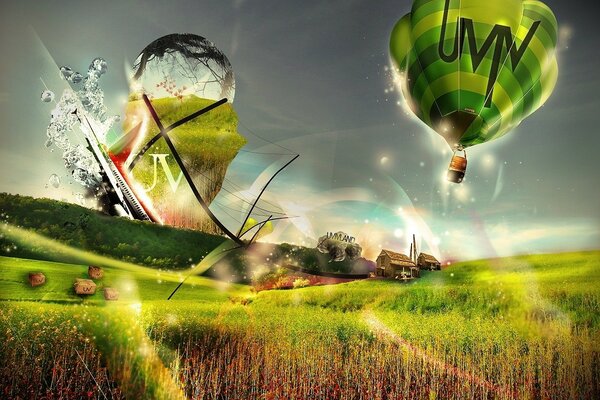 Brillante globo volando sobre el campo verde
