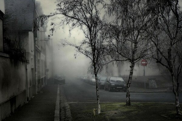 Nebel auf dem Hintergrund der Stadtlandschaft