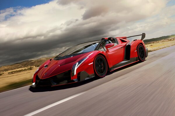 Red Lamborghini supercar on the road