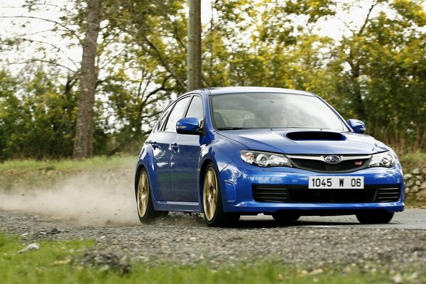 Bleu subaru impreza promenades près de la forêt