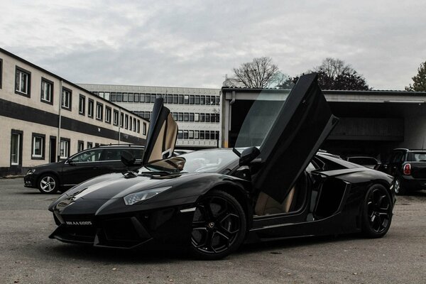 Black Lamborghini Aventador with the doors raised up. Side view