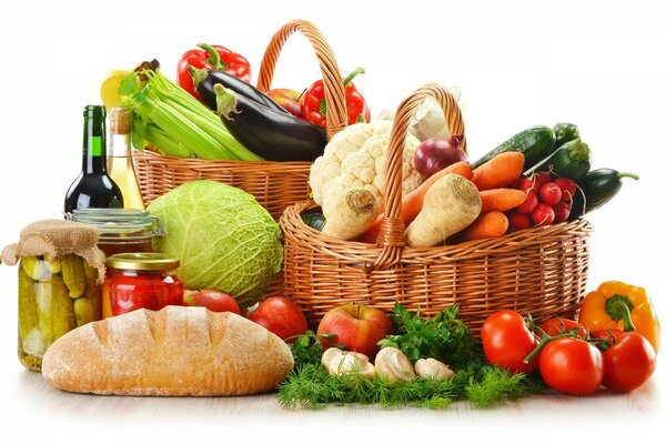 Beautiful vegetables and fruits in baskets