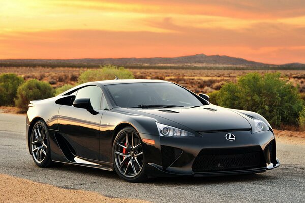 Lexus negro en la carretera en las praderas al atardecer