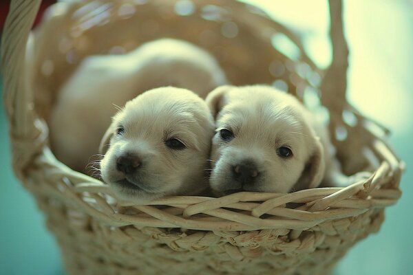 Cachorros blancos recién nacidos en una cesta