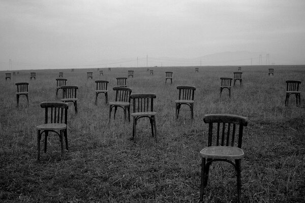 Sillas solitarias en un campo limpio