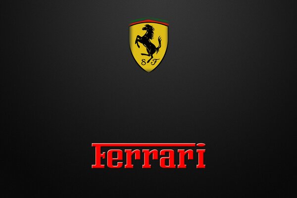 El logotipo y la inscripción de la marca italiana de automóviles Ferrari en un fondo oscuro