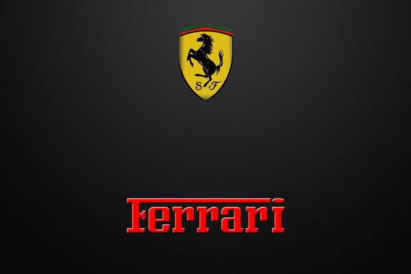 Logo et inscription de la marque automobile italienne Ferrari sur fond sombre