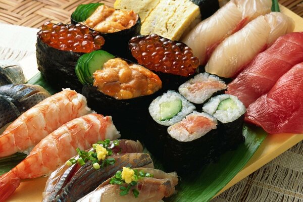 Rolls and sushi with seafood