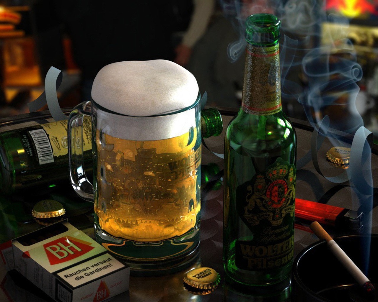 beer a bottle glass cigarette