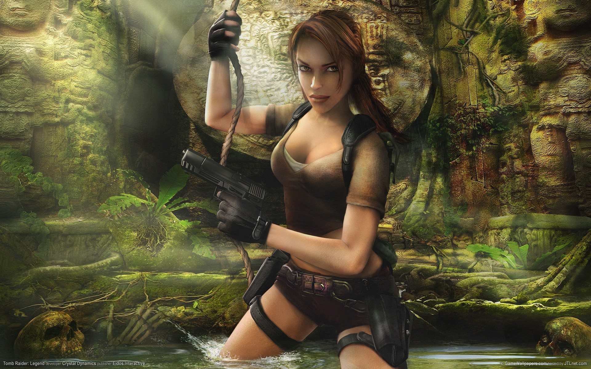 fille lara croft ruines crânes pistolets