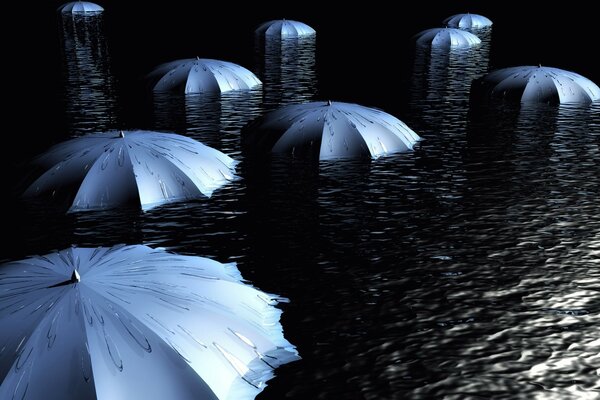 Regenschirme im dunklen Wasser