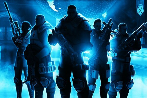 Five shooter characters with guns in the shadows