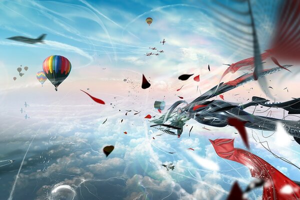 Fliegende Luftballons in den Himmel im Wind