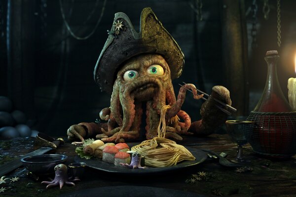 Cute Captain davey Jones is having seafood dinner