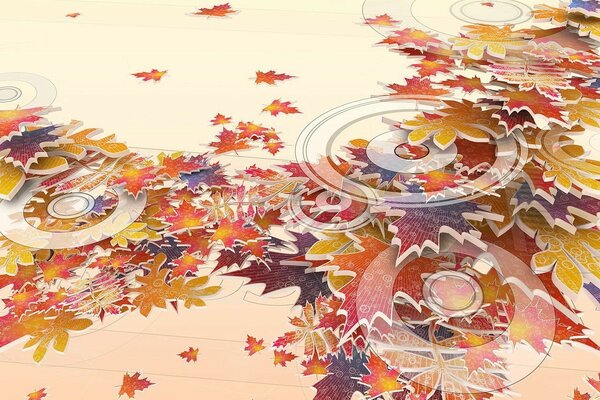 Hojas de otoño multicolores y gotas transparentes en ellas
