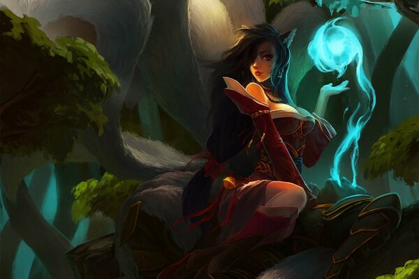 Girl with ponytails, art league, legends ears, ahri magic, lol