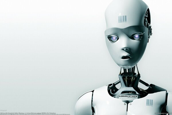 A white robot with a barcode on its forehead