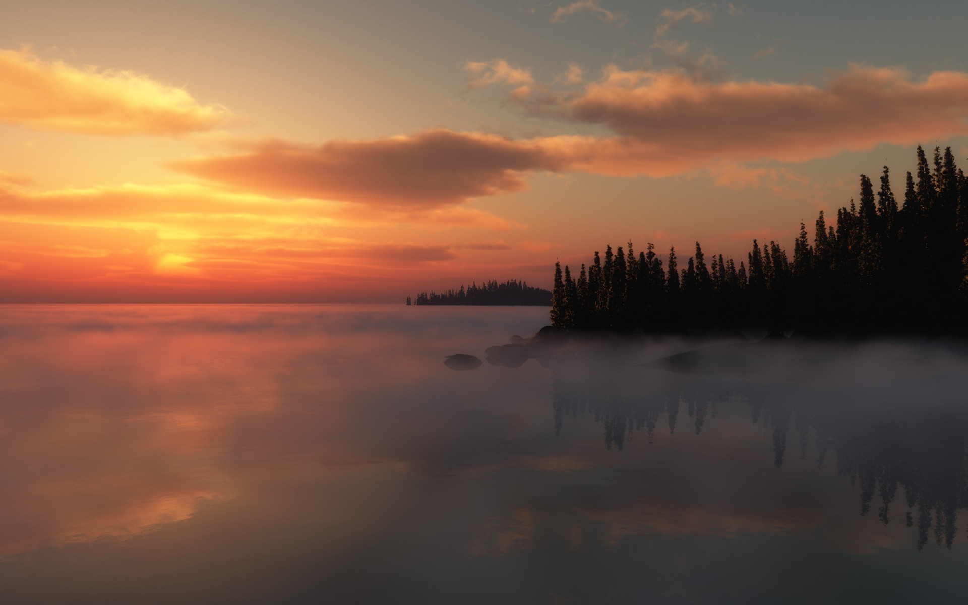 coucher de soleil lac brouillard arbres