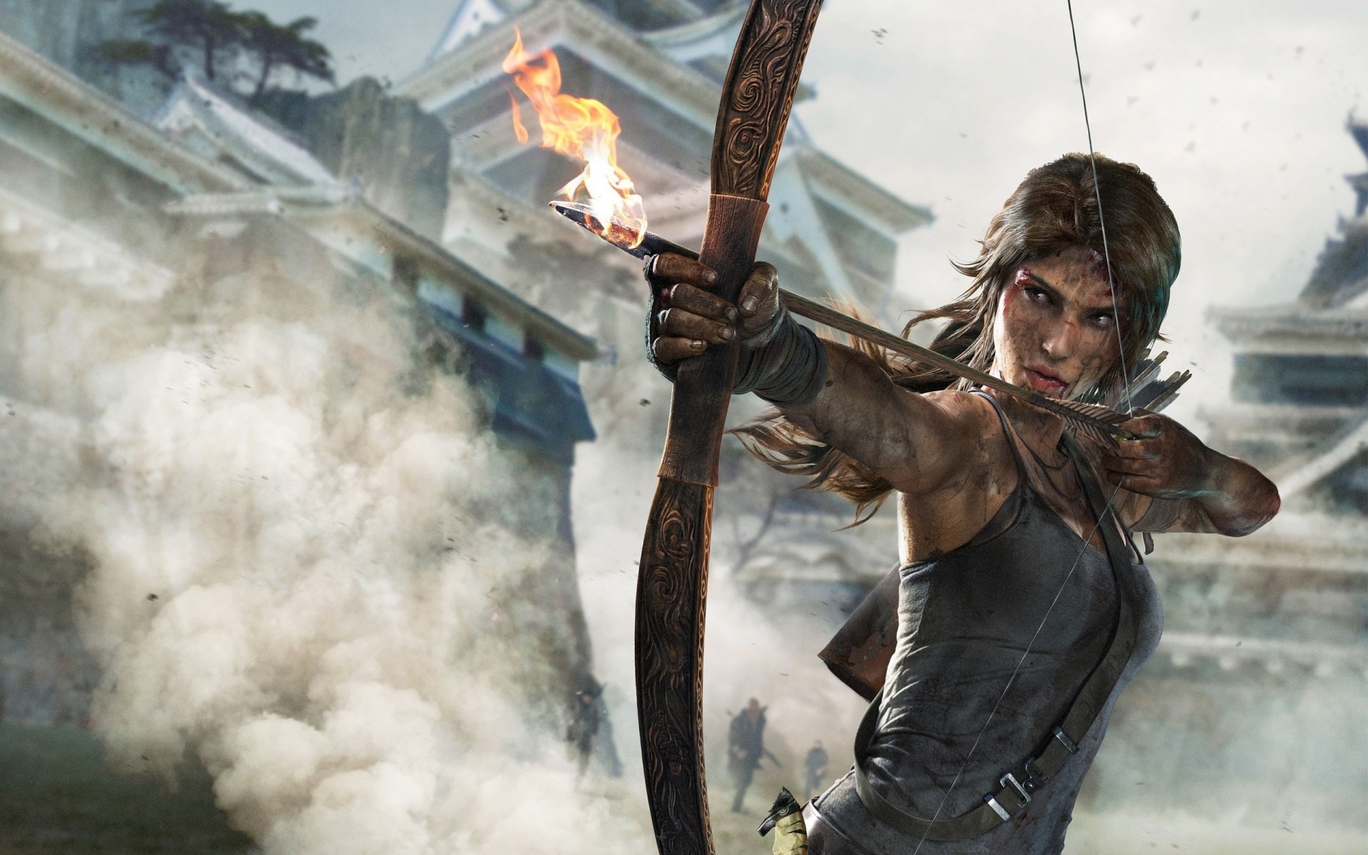 bogen lara croft rauch gebäude