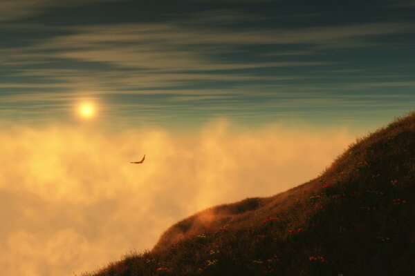 Landscape of seagulls and mountains against the background of the sun