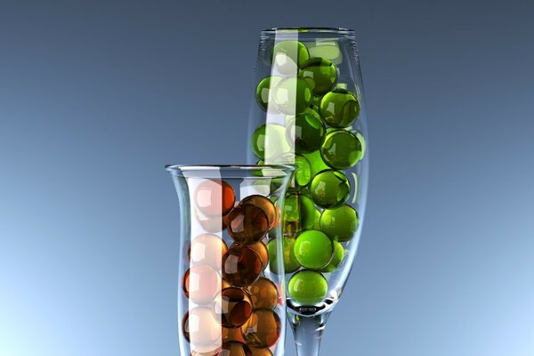 Perle di vetro ambrato e verde in bicchieri