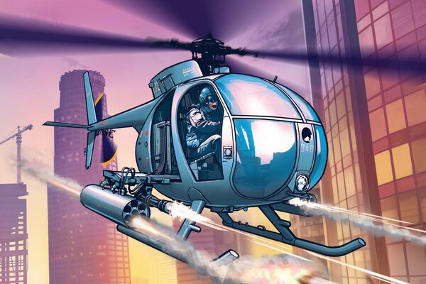 Art based on the GTA game - shooting helicopter on the background of skyscrapers